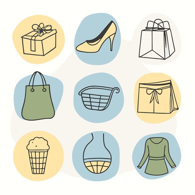 Set of hand drawn shopping elements in doodle style with gift box high heel shopping bag basket blouse and gift bag