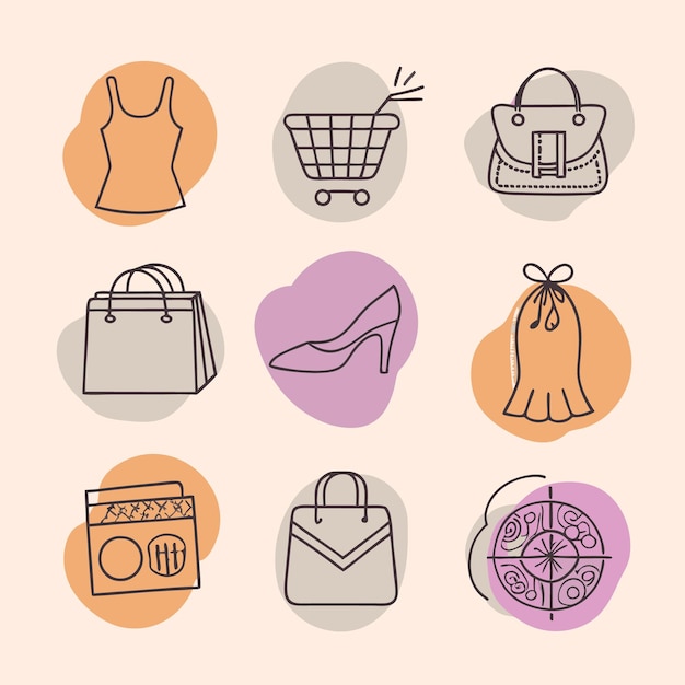 Set of hand drawn shopping icons a tank top shopping cart handbag shopping bag shoe dress radio purse and makeup palette