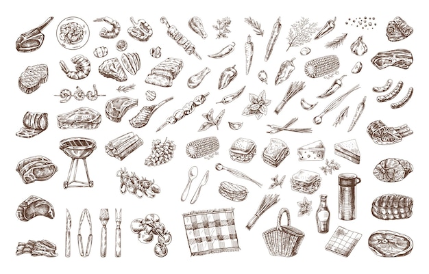 set of hand drawn sketches of barbecue and picnic elements meat for the design of the menu