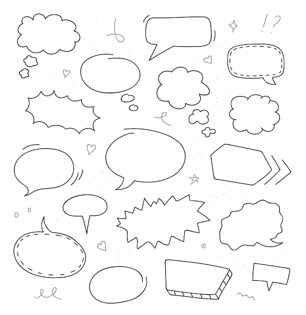 Set of hand drawn speech bubbles. Doodle sketch. Vector illustration.