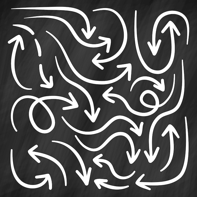 Set of hand drawn thick arrows on blackboard Sketch doodle style Vector illustration