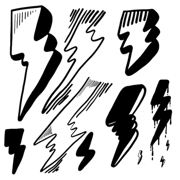 set of hand drawn vector doodle electric lightning bolt symbol sketch illustrations thunder symbol