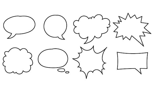set of hand drawn vector speech bubbles in doodle style on white background.