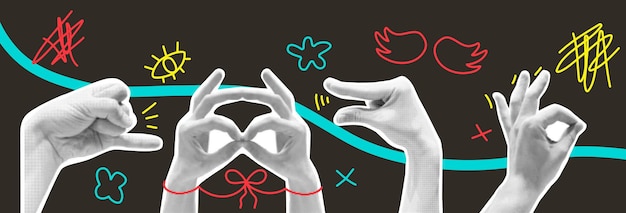 Set of hand gestures in halftone style Sign symbol Elements figures Scribble Vector