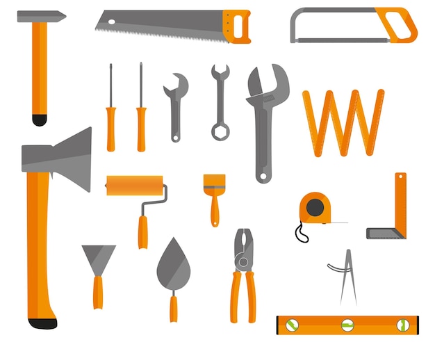 Set of hand tools mechanics screwdriver, hammer, ax, wrench, level, spatula, pliers, saw, roller, brush tape measure isolated on white backgroundVector illustration