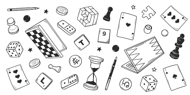 set of handdrawn board games sketch doodle of chess checkers go dominoes