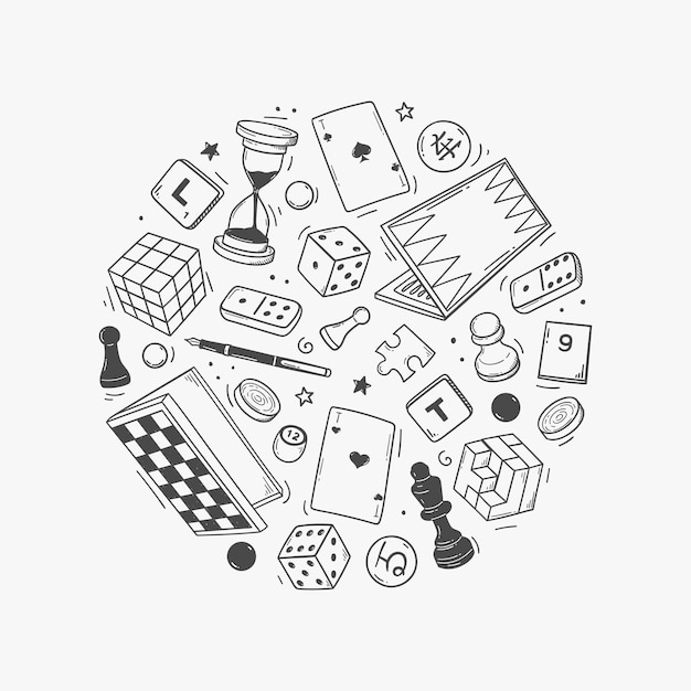 set of handdrawn board games sketch doodle of chess checkers