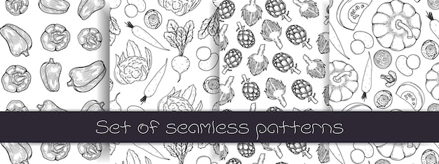 set of handdrawn linear style seamless vegetable pattern for culinary designs seamless pattern vec
