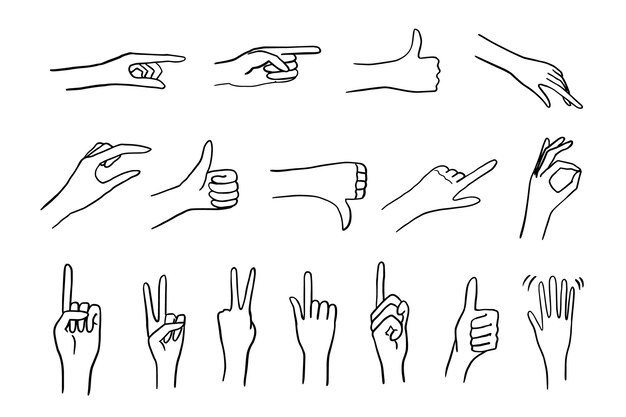 Set of hands gesture Humbs up salute gesture v thumbs down index finger hands emojis