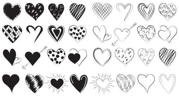 set of hearts in doodle style collection set on white background vector