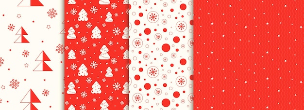 Set of Holiday Christmas New Year red and white seamless pattern with christmas trees snowflakes