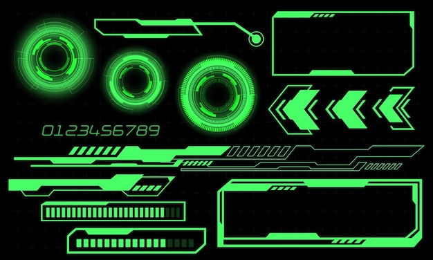 set of hud circle user interface elements design technology cyber green on black futuristic vector
