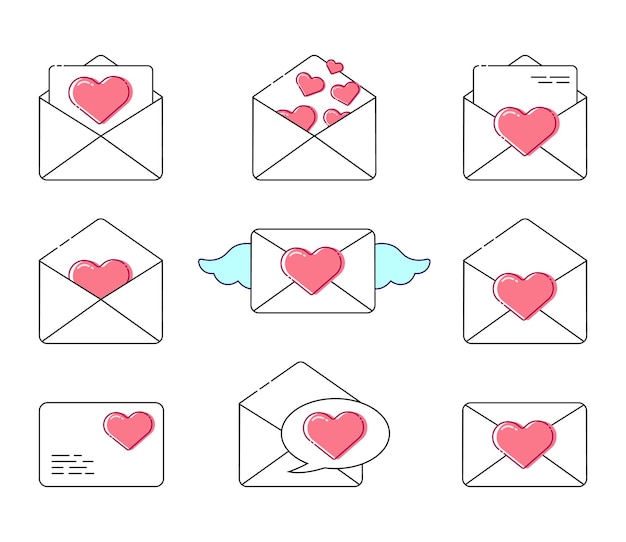Set of icons mailing envelope with hearts for valentines day Open and Closed Envelopes Message With Love Be My Valentine