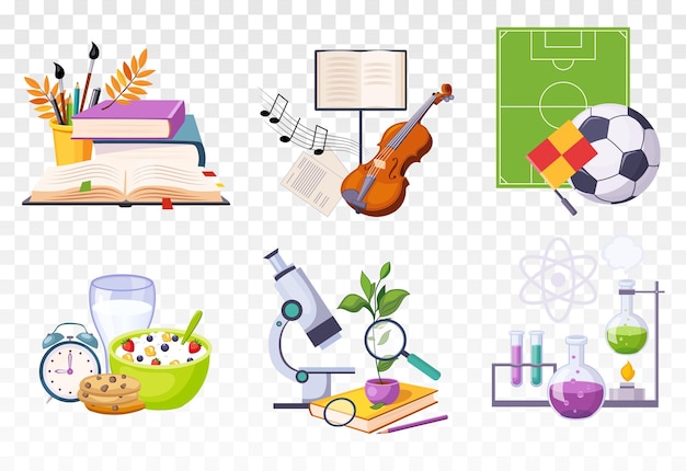 set of icons presenting different school subjects art music sport biology and chemistry tasty breakfast and alarm clock graphic elements for poster or flyer isolated flat vector illustrations