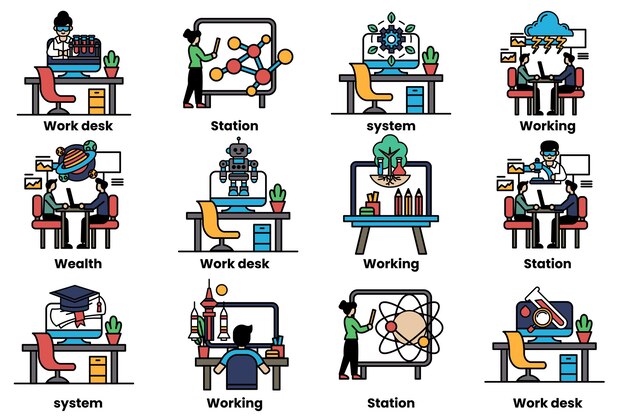set of illustrations in the concept of office desks and business equipment in a line style
