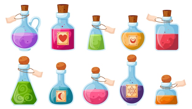 Set of illustrations of flasks with potions