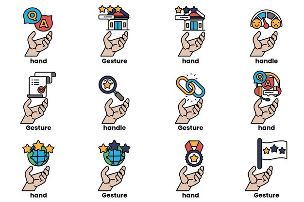 Set of illustrations of hands and things in line art style