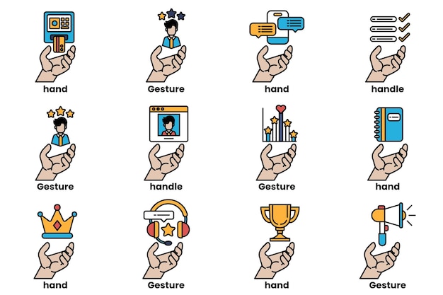 set of illustrations of hands and things in line art style