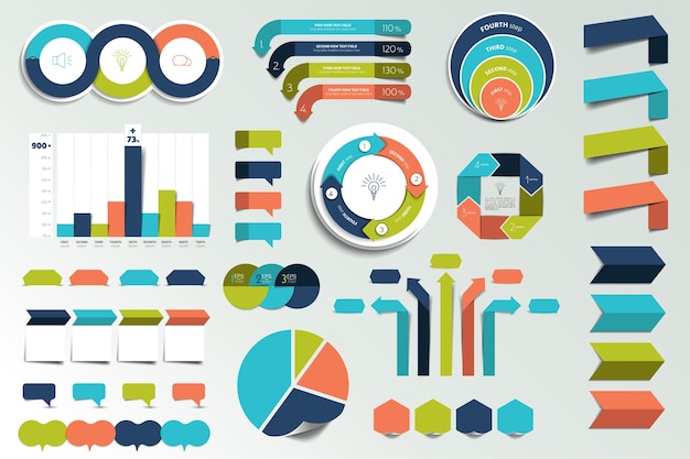 Set of infographics elements charts graphs circle charts diagrams speech bubbles Flat and 3D design.