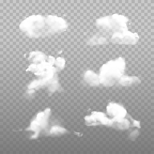 Set of isolated fluffy or cumulus clouds on transparent background. Realistic heaven or atmosphere object for weather forecast. Smoke and vapor, steam and hookah, light cigarette smoke. Sky