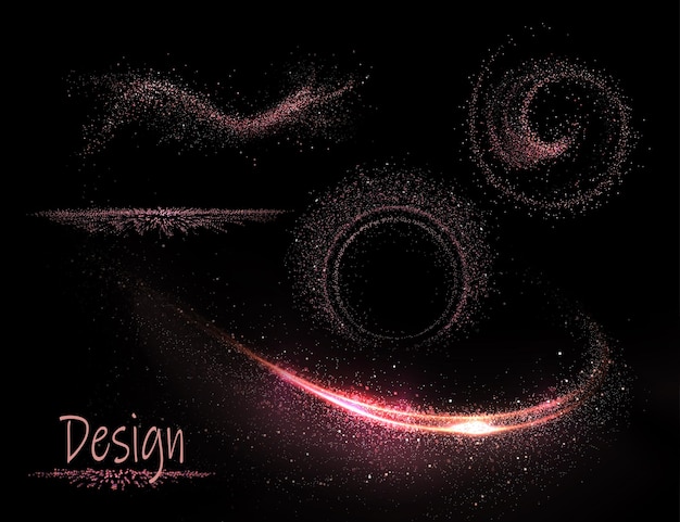 Set of isolated shiny copper colored figures with small tinsel on black background