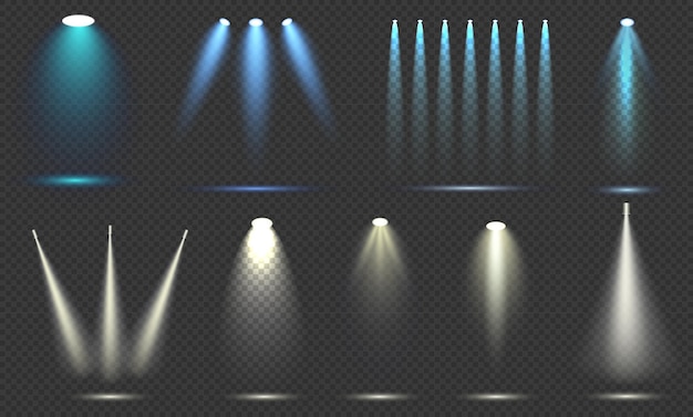 set of isolated spotlight light effects blue and yellow glowing spotlight bright lighting