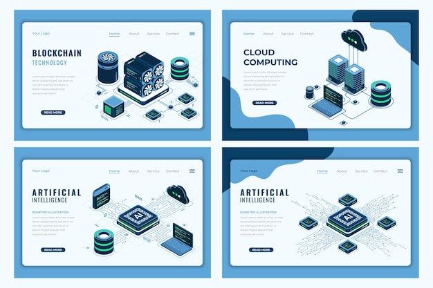 Set of isometric landing page template Modern technology concept for cloud computing artificial intelligence and blockchain technology Isometric technology