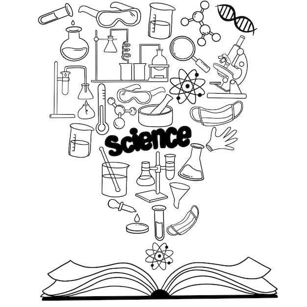 set of laboratory equipment in black and white outlined doodle style hand drawn childish chemistry
