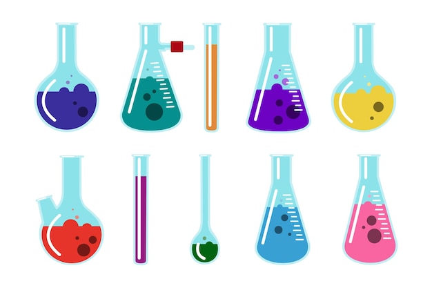 set of laboratory glassware with colorful liquid on white background vector illustration different flasks burners and beakers with chemicals in cartoon style