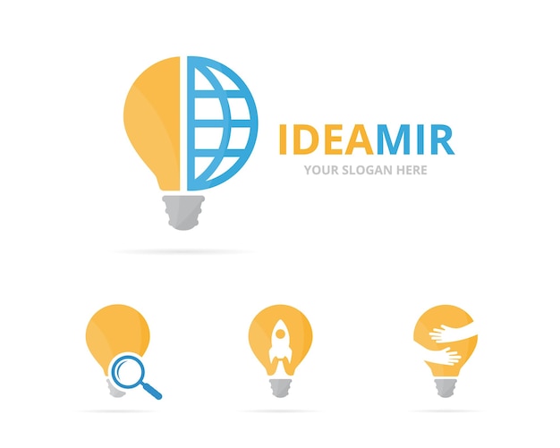 set of lamp logo combination lightbulb and world symbol or icon unique idea and globe logotype design template