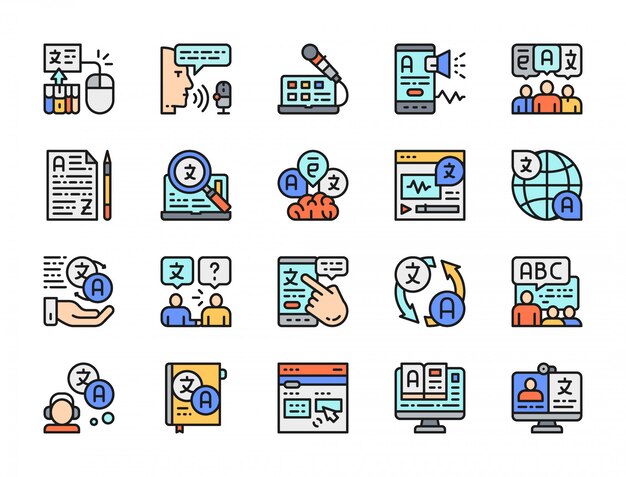Set of Language Translation Color Line Icons. Online Education, E-book and more.