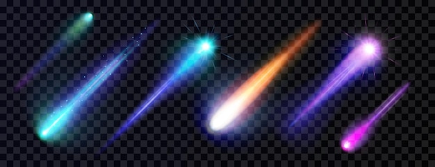 set of light effects with a burning multicolored comet meteor shooting star