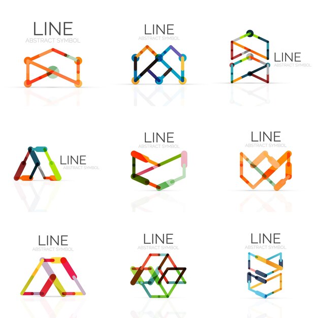 set of linear abstract logos connected multicolored segments lines in geometrical figures