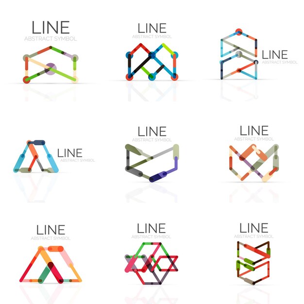 set of linear abstract logos connected multicolored segments lines in geometrical figures