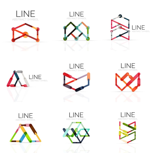 set of linear abstract logos connected multicolored segments lines in geometrical figures