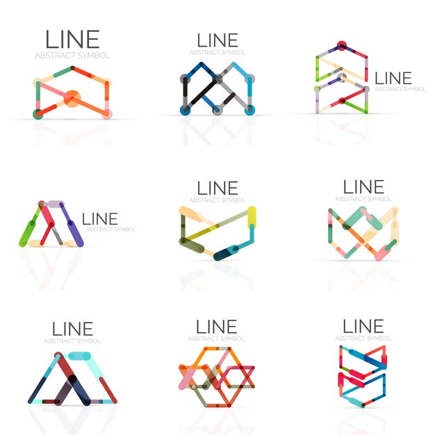 set of linear abstract logos connected multicolored segments lines in geometrical figures