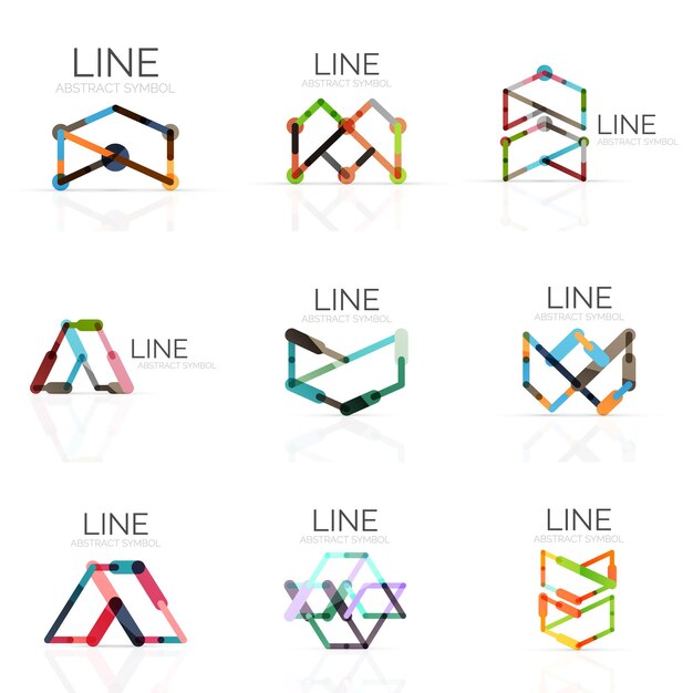 set of linear abstract logos connected multicolored segments lines in geometrical figures