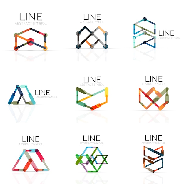 set of linear abstract logos connected multicolored segments lines in geometrical figures