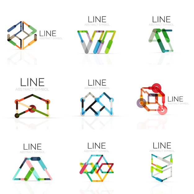 set of linear abstract logos connected multicolored segments lines in geometrical figures