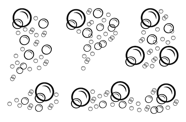 Set of linear soap bubbles vector doodle illustration of foam of different shapes fizzy balls for