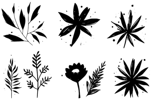 Set of lino cut grunge flower ink stamp Pack of contemprorary texture elements Vector illustration