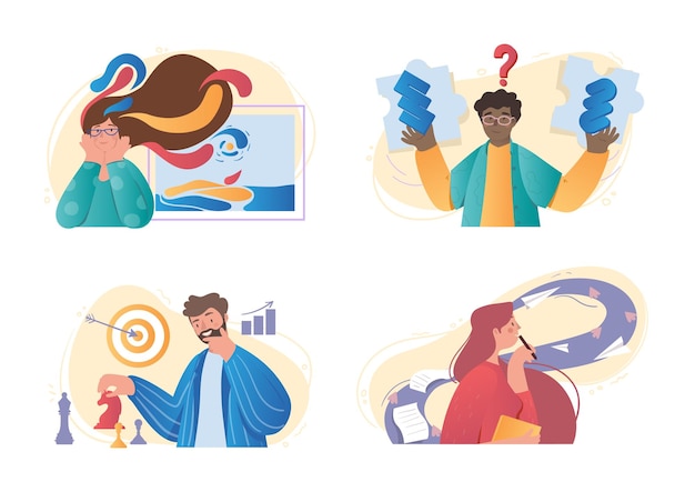 set of male and female characters with different mental mindset models on white background concept