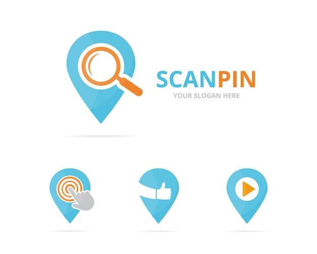 Set of map pointer logo combination GPS locator and magnifying symbol or icon Unique pin and search logotype design template