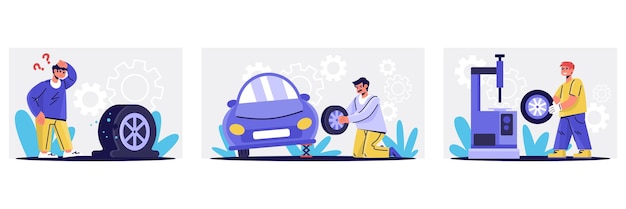 set of mechanics replacing and checking wheel in car help to client fix car problem