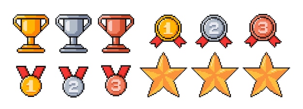 Set of medals winner cups badges and stars in pixel art style Vector illustration