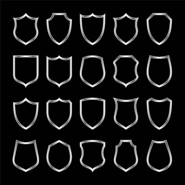 Set of metal vintage shield frames Shiny silver heraldic shields Black protection and security symbol label Vector illustration