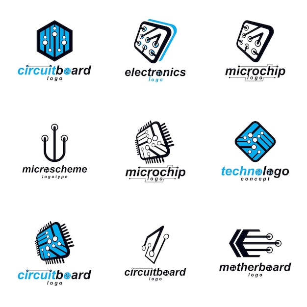 Set of microprocessor scheme abstract logotypes. Futuristic cybernetic vector motherboard. Digital elements, circuit board.