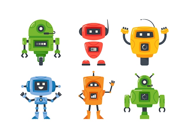 Set of Mini Robots Cyborg Characters Toys or Chatbot Artificial Intelligence Technology Technical Support Assistant