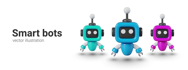 Set of mini robots of different colors Small realistic intelligent droids