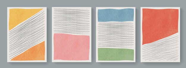 Set of minimal geometric posters. Mid-Century Modern Art with Watercolor Shapes. Trendy artistic abstract background.